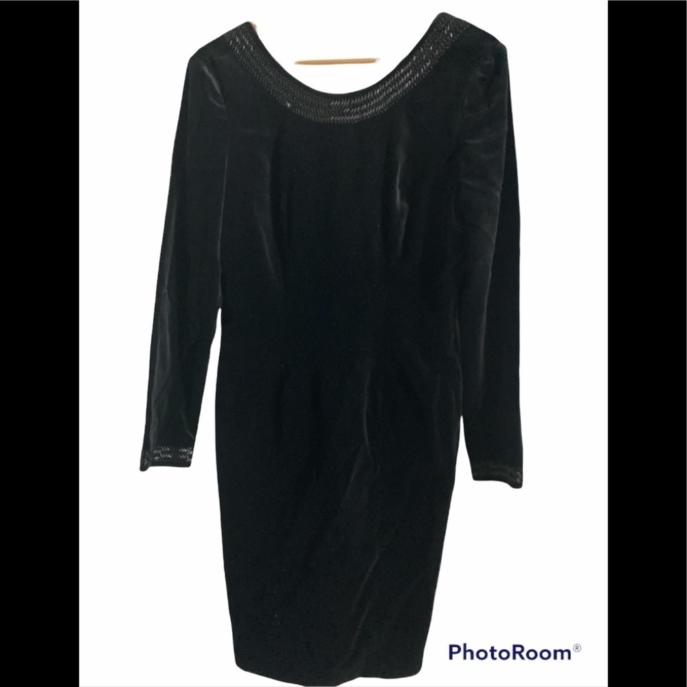 Vintage Laura Ashley Black Velvet Beaded Long Sleeve Sheath Dress - size 8